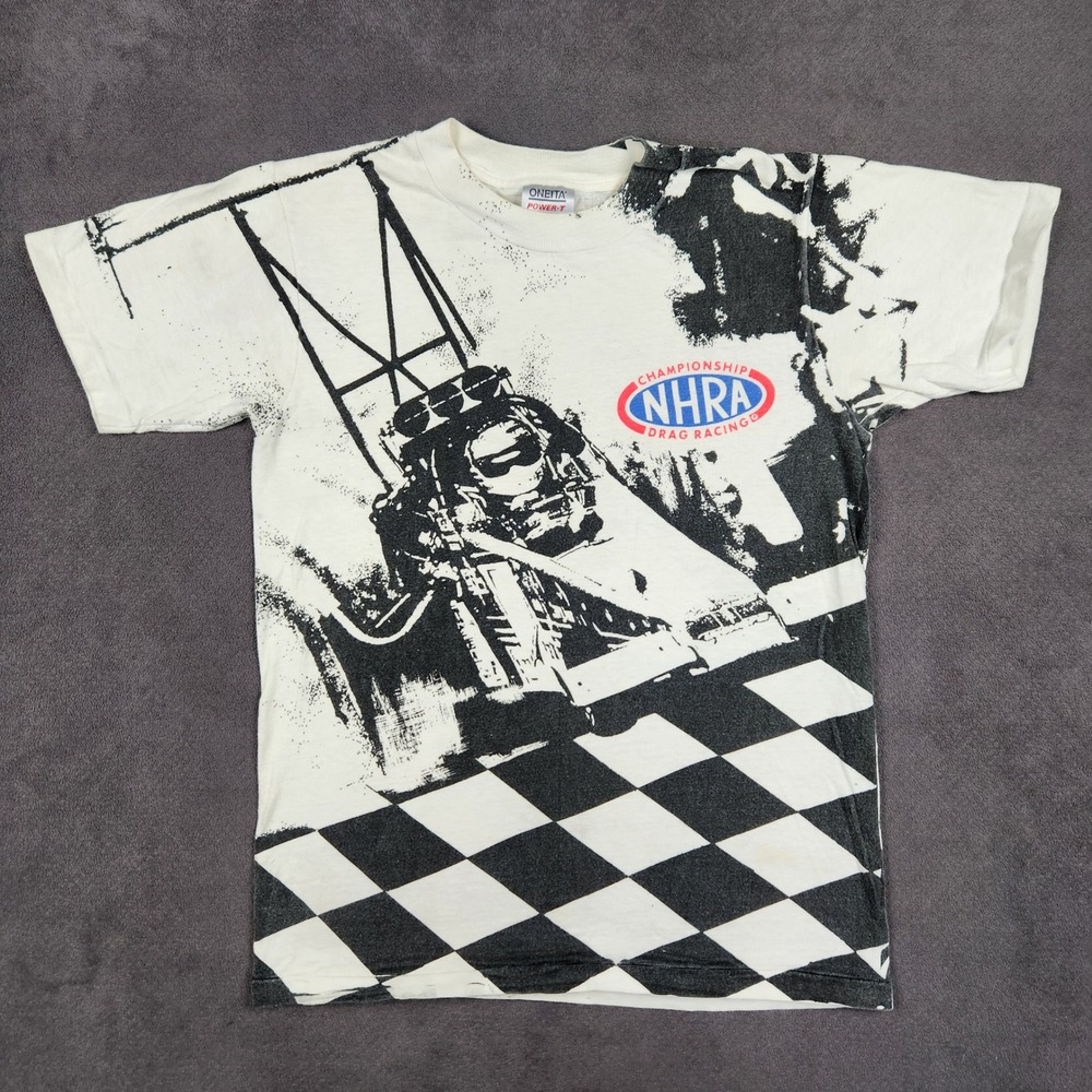 Vintage NHRA Drag Racing‎ Shirt Mens Medium White Black 90s AOP Graphic Tee